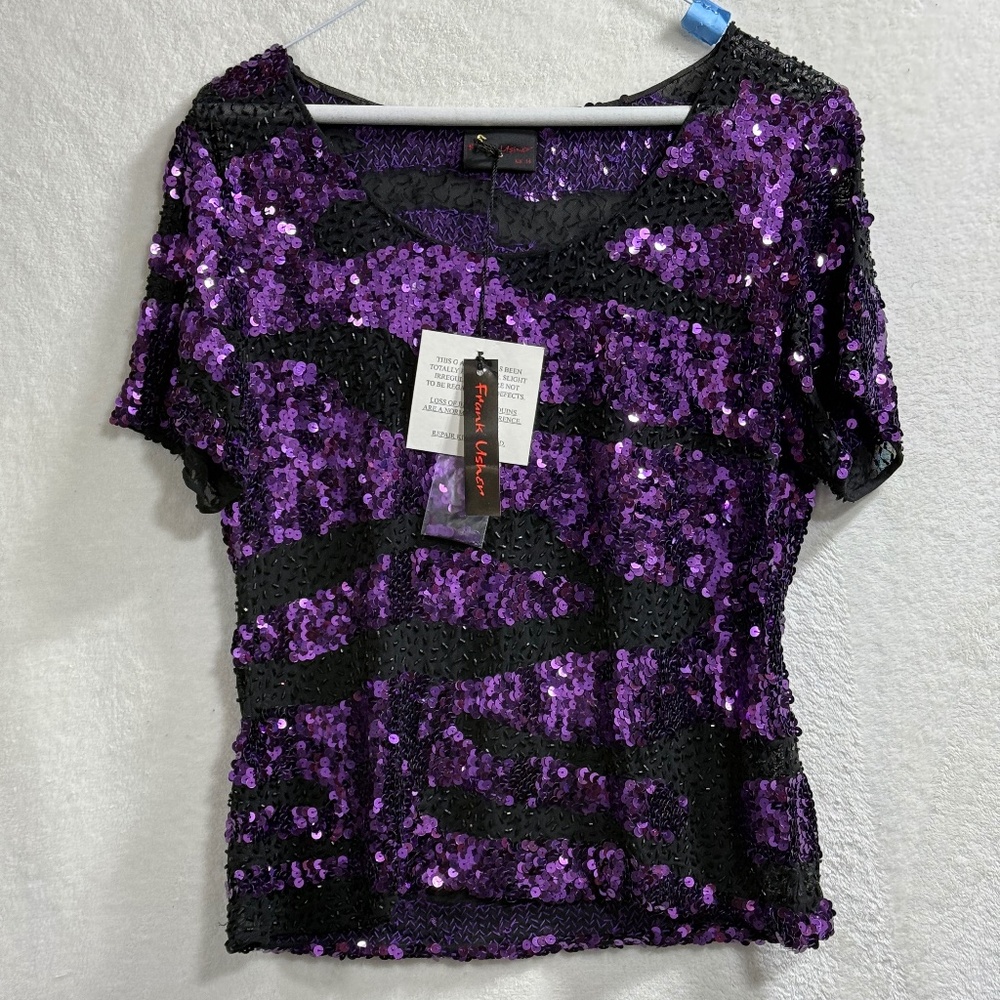 Frank Usher Top Size 14 Purple Sequin 90s Short Sleeve Cocktail Formal Y2K Glam